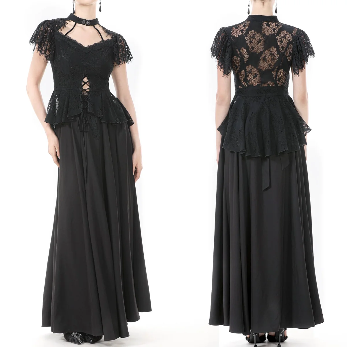 Top  Gótico Con Cruzados y Encaje Floral Negro - Image 2