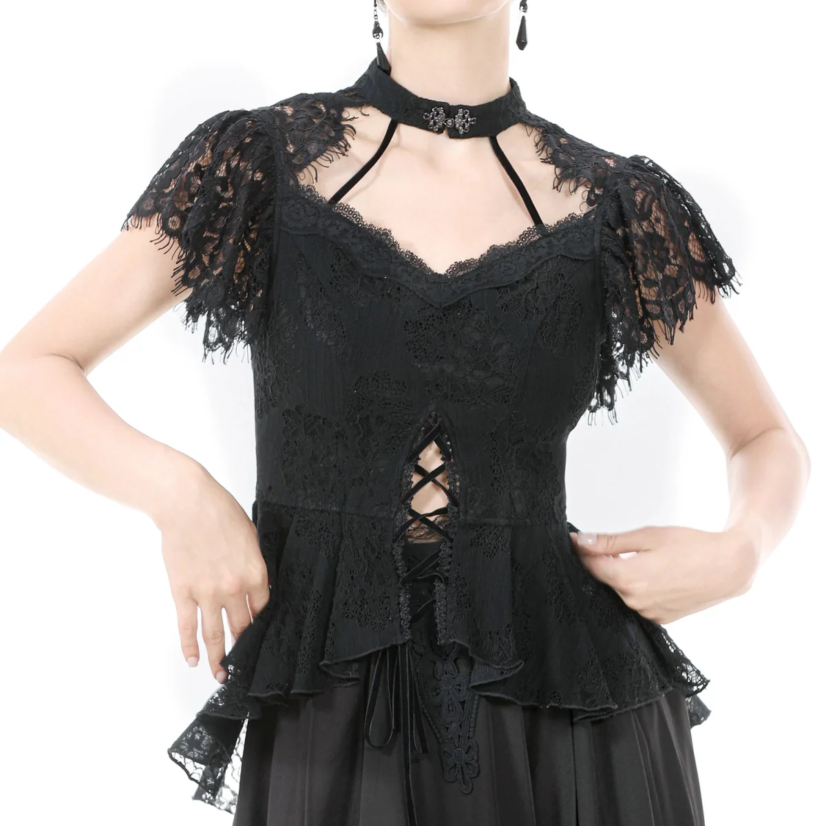 Top  Gótico Con Cruzados y Encaje Floral Negro - Image 3