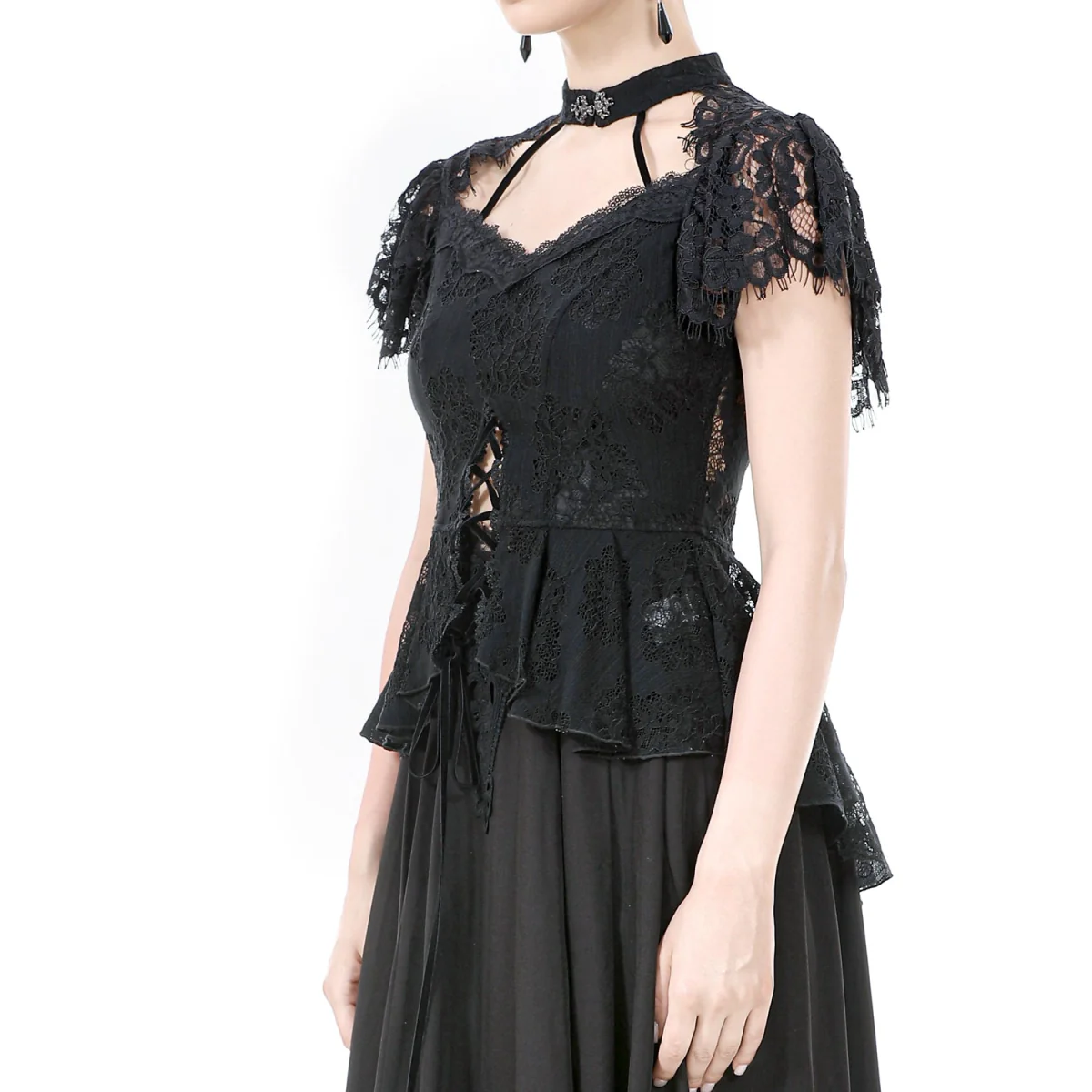 Top  Gótico Con Cruzados y Encaje Floral Negro - Image 4