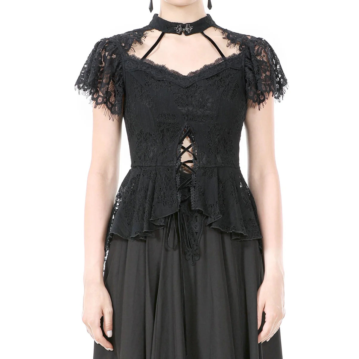Top  Gótico Con Cruzados y Encaje Floral Negro - Image 6