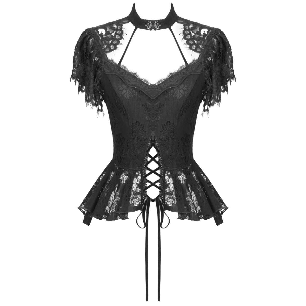 Top  Gótico Con Cruzados y Encaje Floral Negro - Image 7
