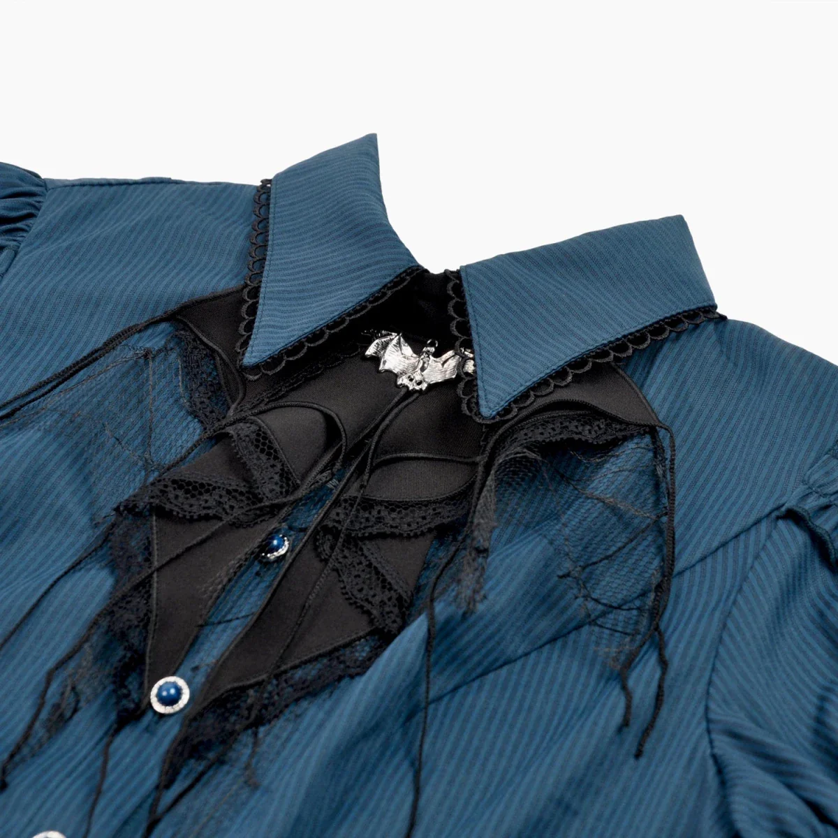 Camisa  Azul con Jabot de Murciélago y Volantes - Image 13