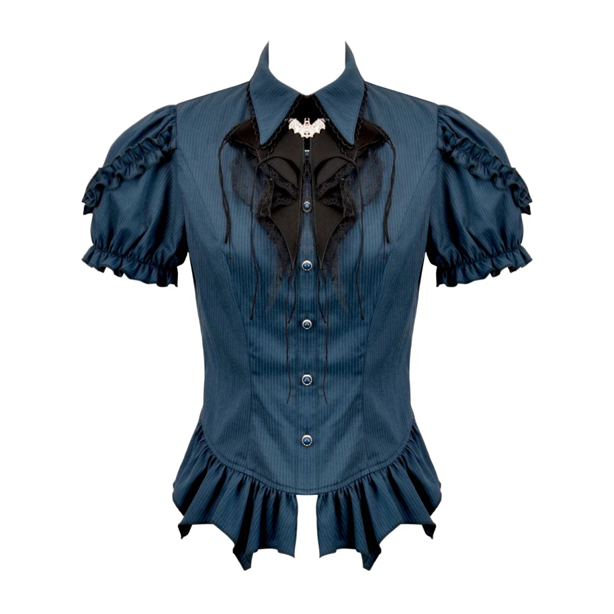 Camisa  Azul con Jabot de Murciélago y Volantes - Image 14