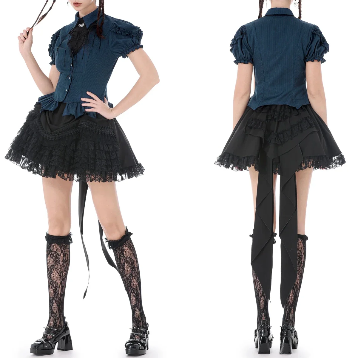 Camisa  Azul con Jabot de Murciélago y Volantes - Image 2
