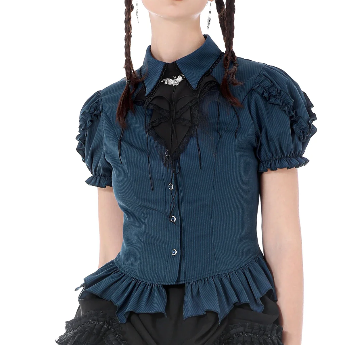 Camisa  Azul con Jabot de Murciélago y Volantes - Image 3