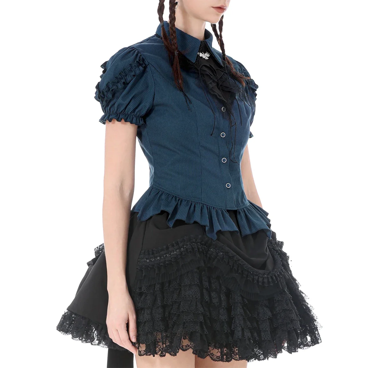 Camisa  Azul con Jabot de Murciélago y Volantes - Image 4