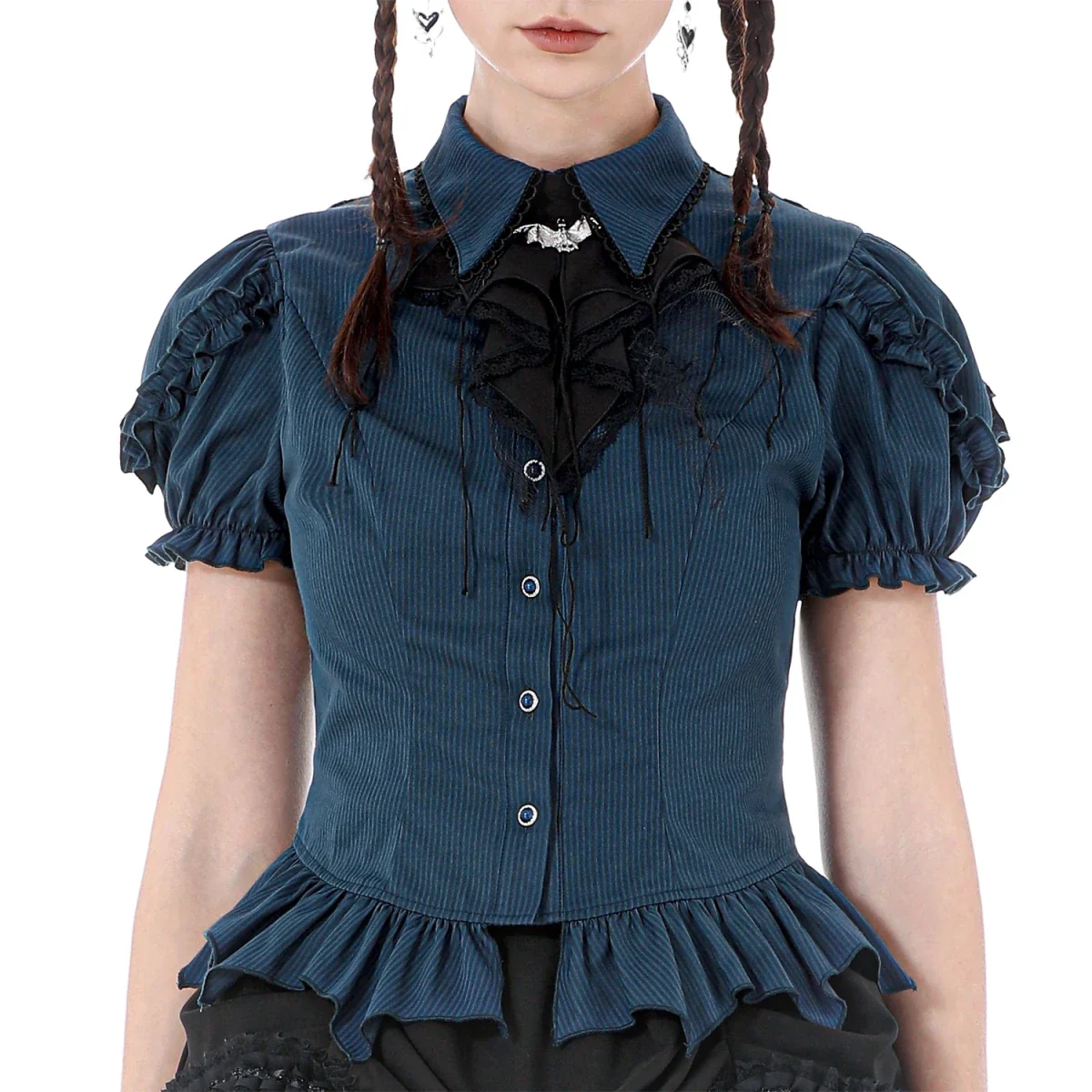 Camisa  Azul con Jabot de Murciélago y Volantes - Image 5