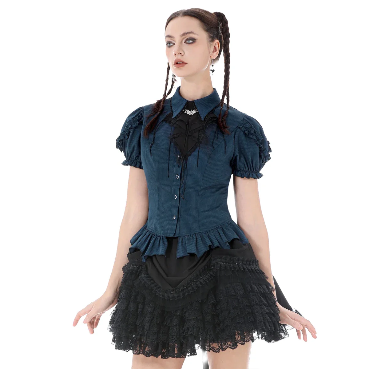 Camisa  Azul con Jabot de Murciélago y Volantes - Image 7