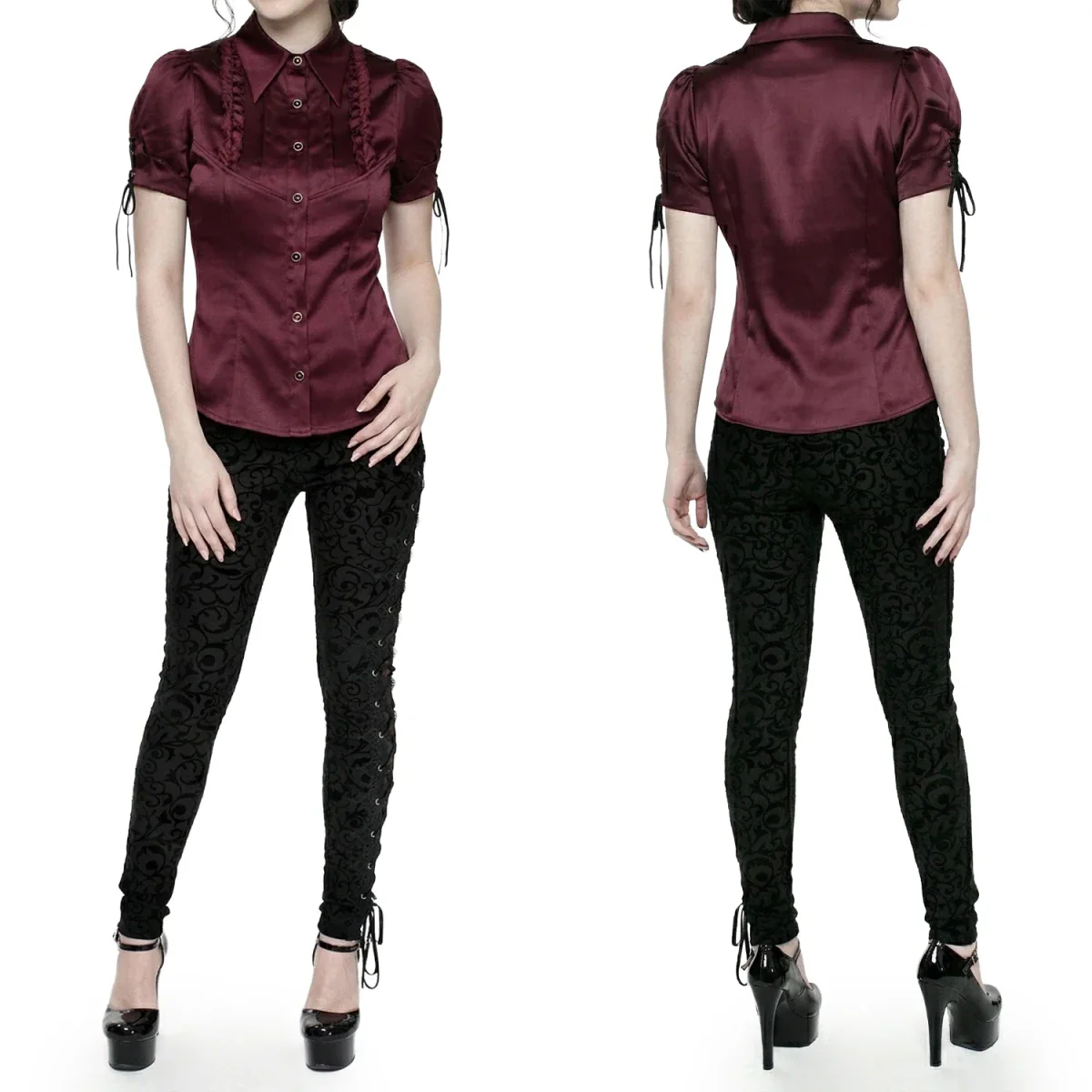 Camisa Burdeos de Satén con Volantes y Lazadas - Image 2