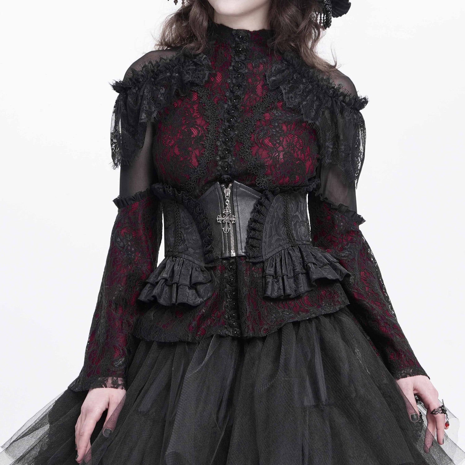 Corsé Underbust Negro Victoriano con Cruz y Volantes "VampiriaBK" - Image 4