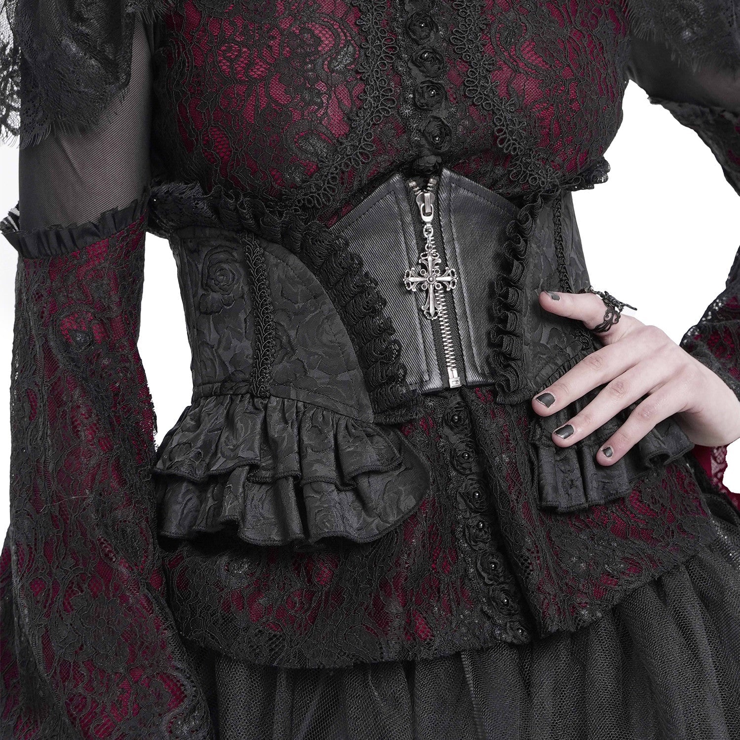 Corsé Underbust Negro Victoriano con Cruz y Volantes "VampiriaBK" - Image 6
