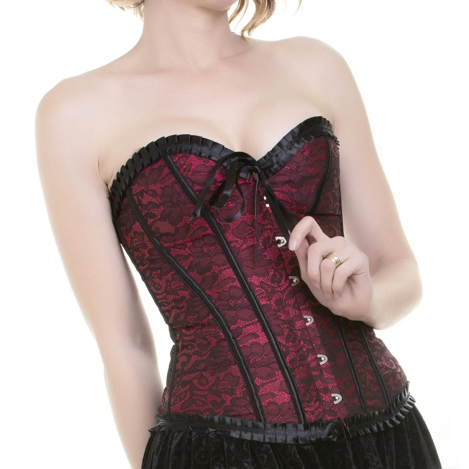Corsé Rojo y Negro Overbust Gótico Brocado - Image 3