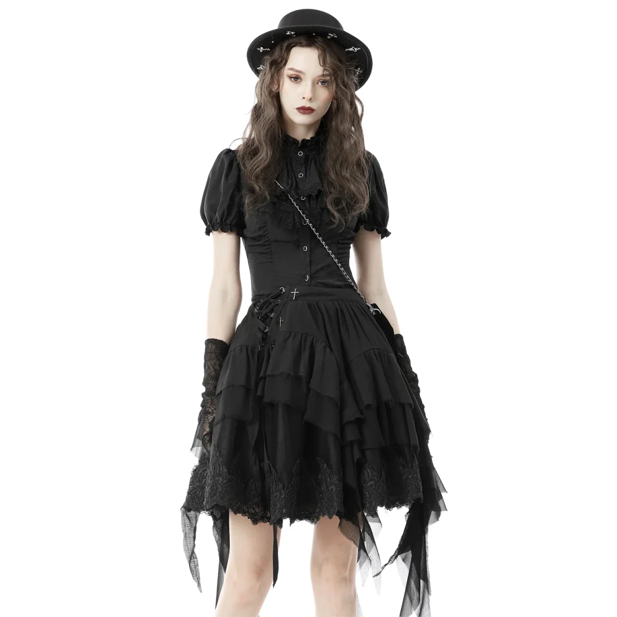 Falda Asimétrica de Tul Negro con Capas y Volantes - Image 3