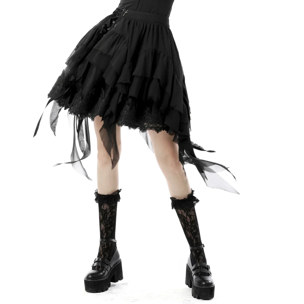 Falda Asimétrica de Tul Negro con Capas y Volantes - Image 5