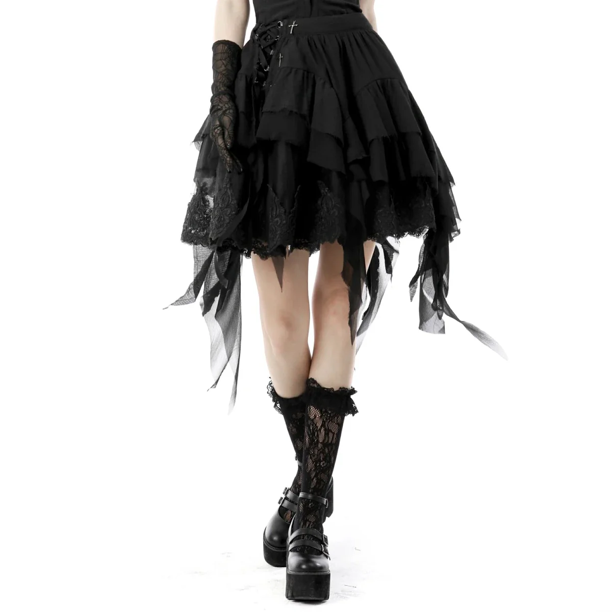 Falda Asimétrica de Tul Negro con Capas y Volantes - Image 6