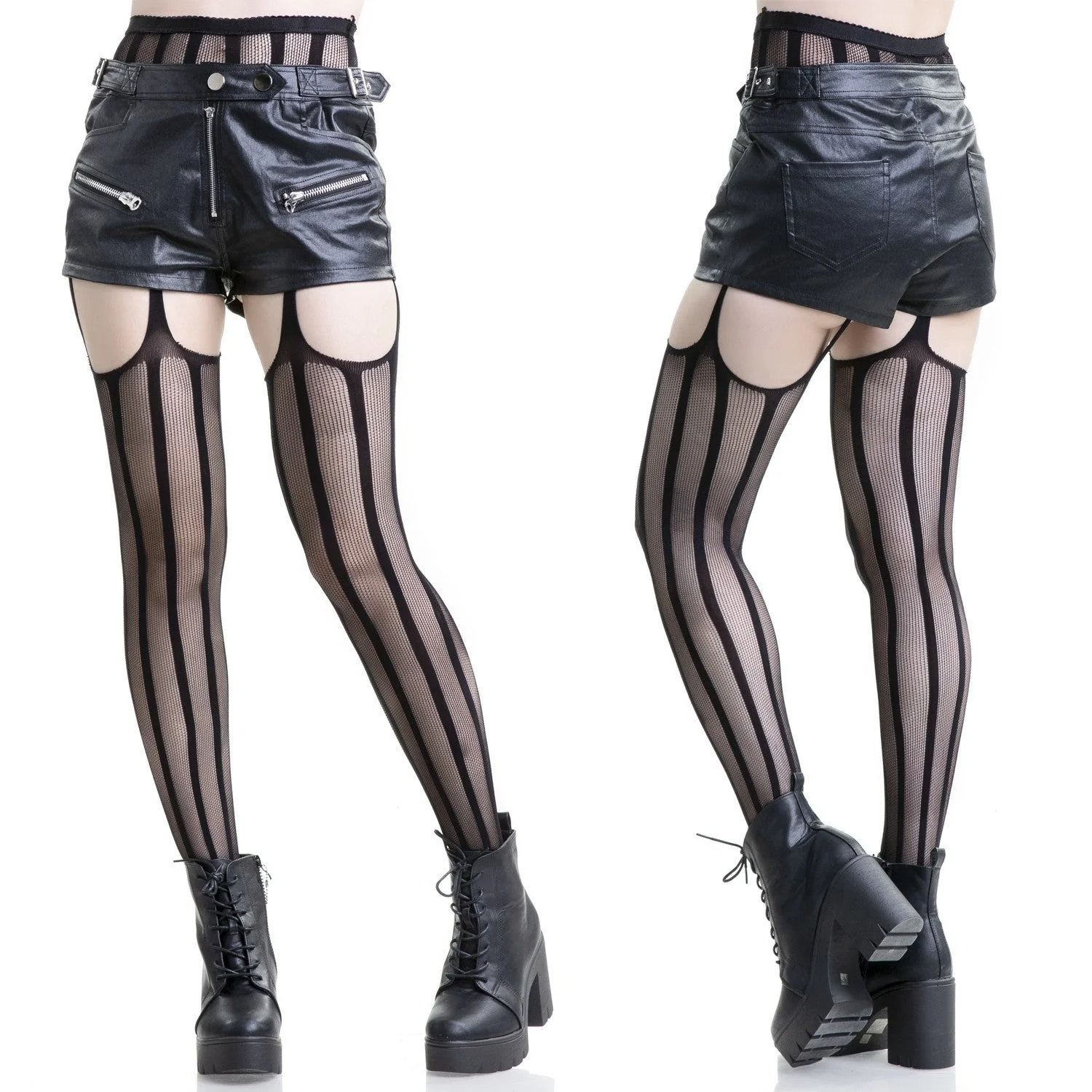 Medias Góticas Rejilla Rayas con Liguero Negro - Image 2