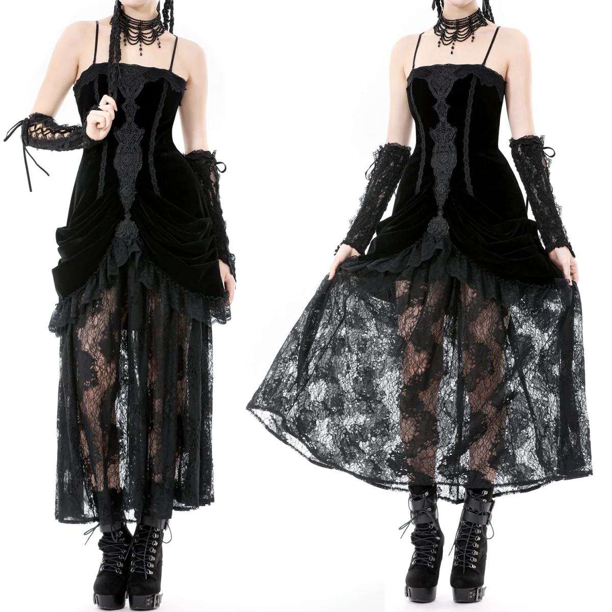 Vestido Largo Gótico Negro Terciopelo y Encaje - Image 2