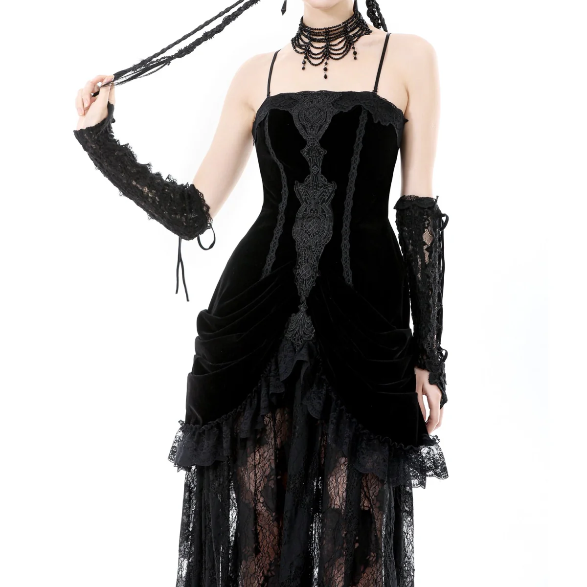 Vestido Largo Gótico Negro Terciopelo y Encaje - Image 3