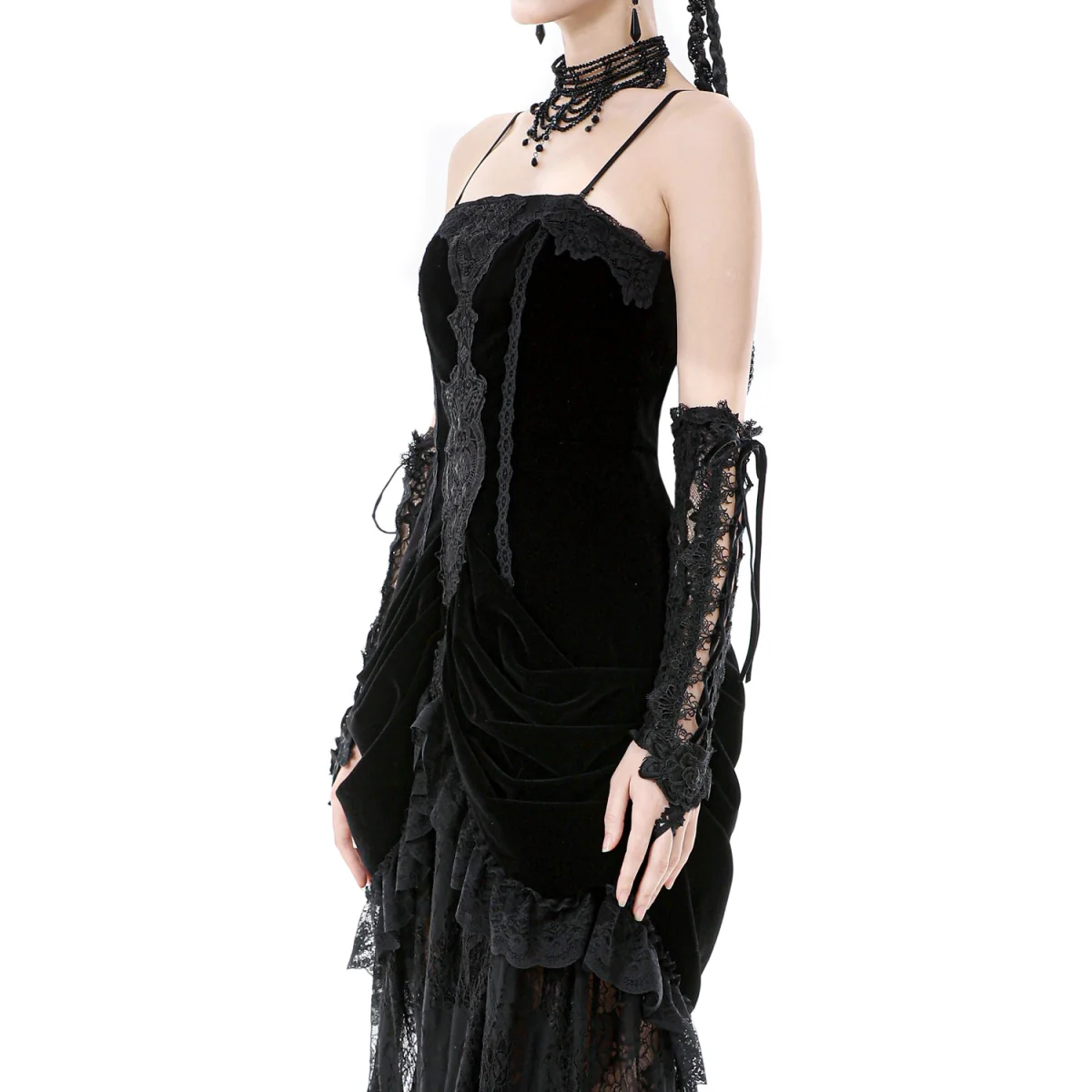 Vestido Largo Gótico Negro Terciopelo y Encaje - Image 4
