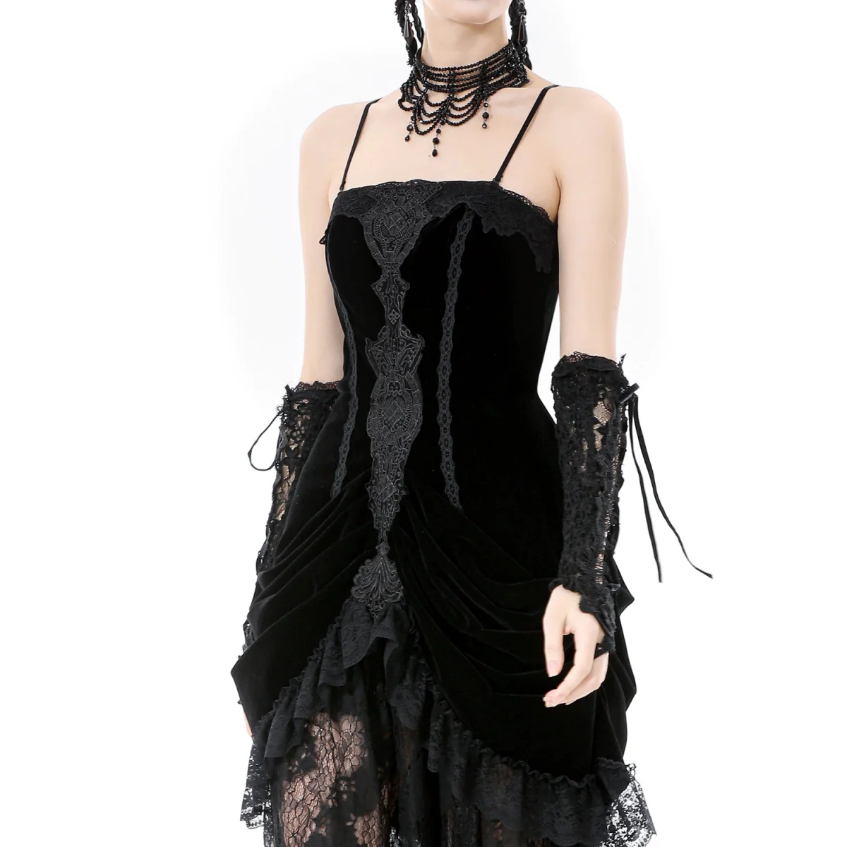 Vestido Largo Gótico Negro Terciopelo y Encaje - Image 5