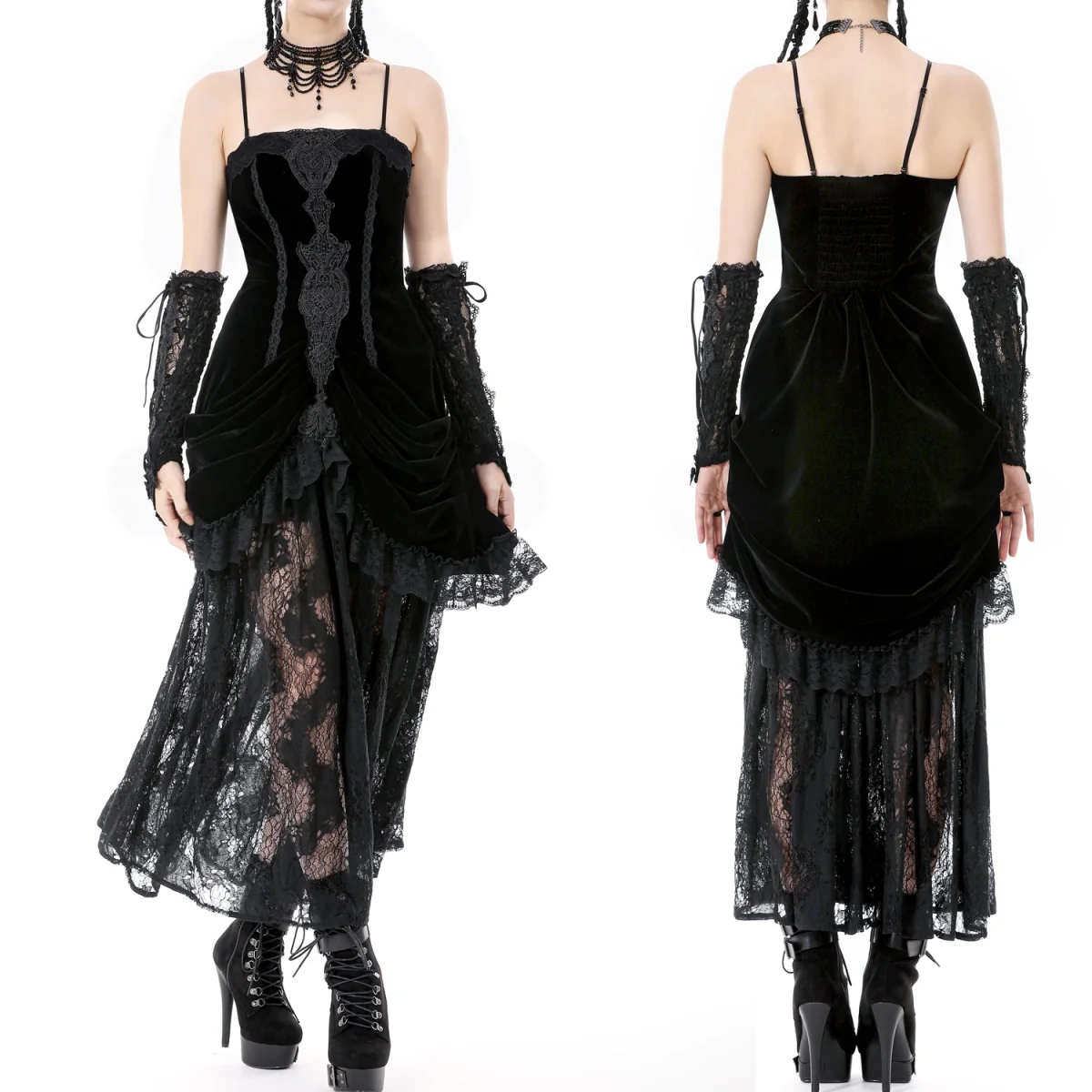 Vestido Largo Gótico Negro Terciopelo y Encaje - Image 6