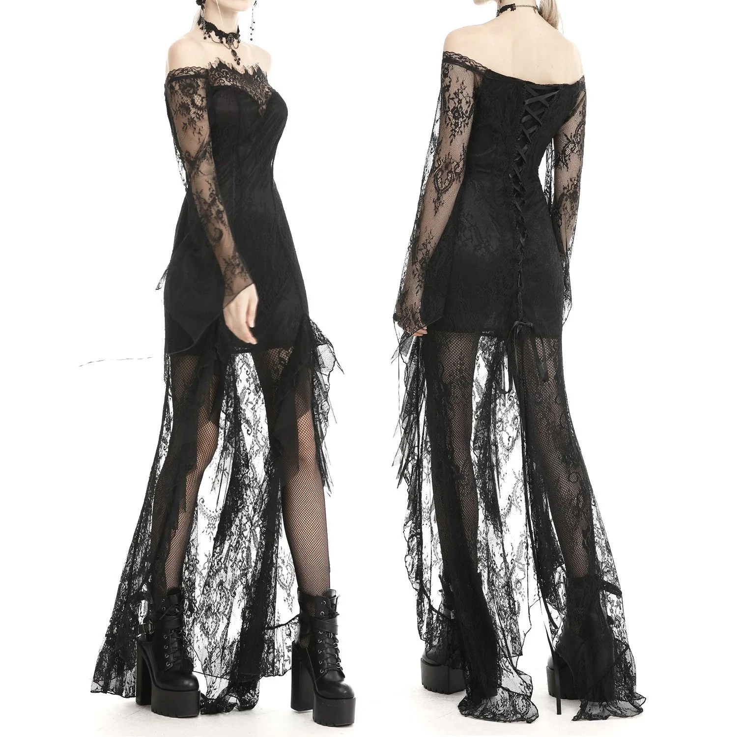 Vestido Largo Ajustado con Hombros Descubiertos y Encaje - Image 2