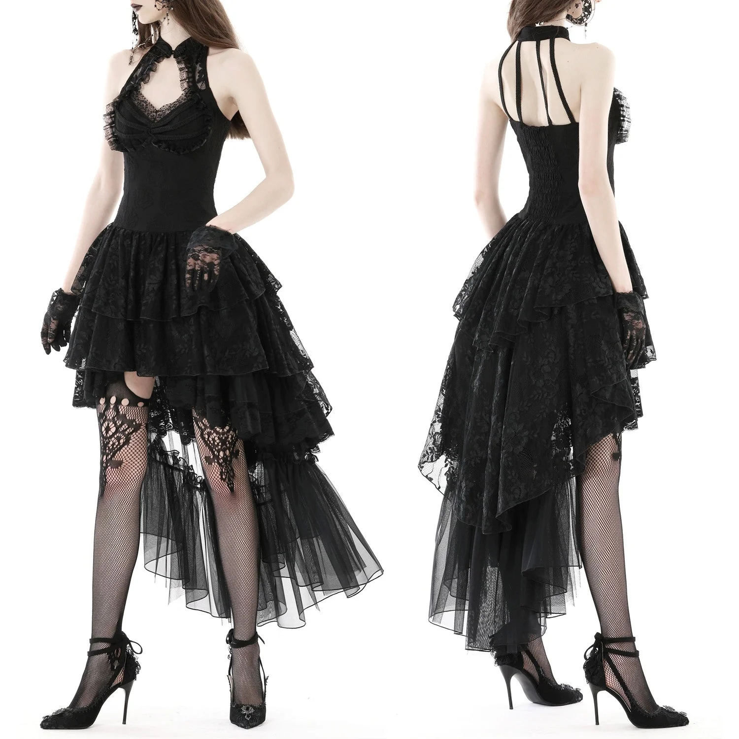 Vestido  Asimétrico Halter con Volantes de Encaje - Image 2
