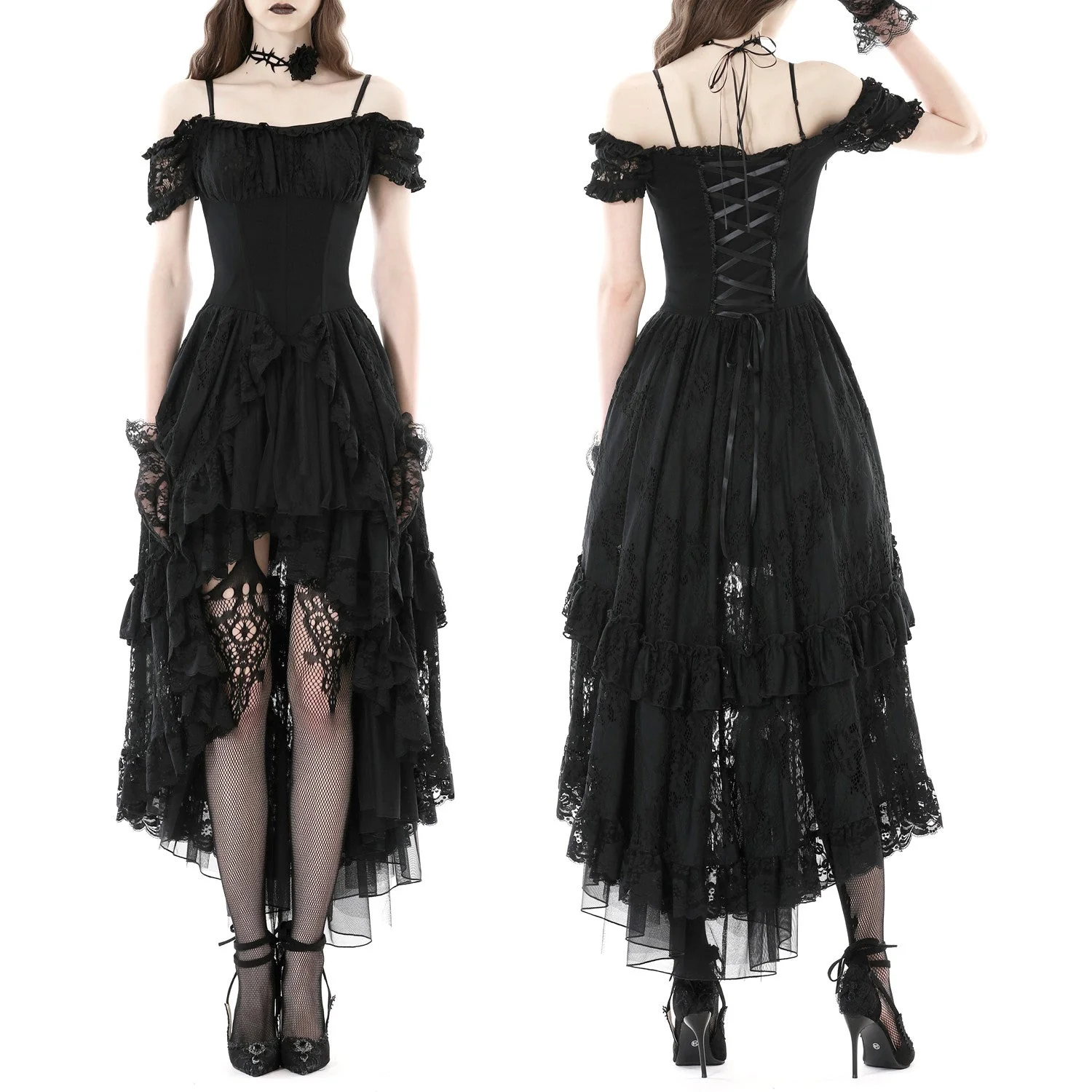 Vestido Asimétrico de Encaje con Lazada y Hombros Caídos - Image 2