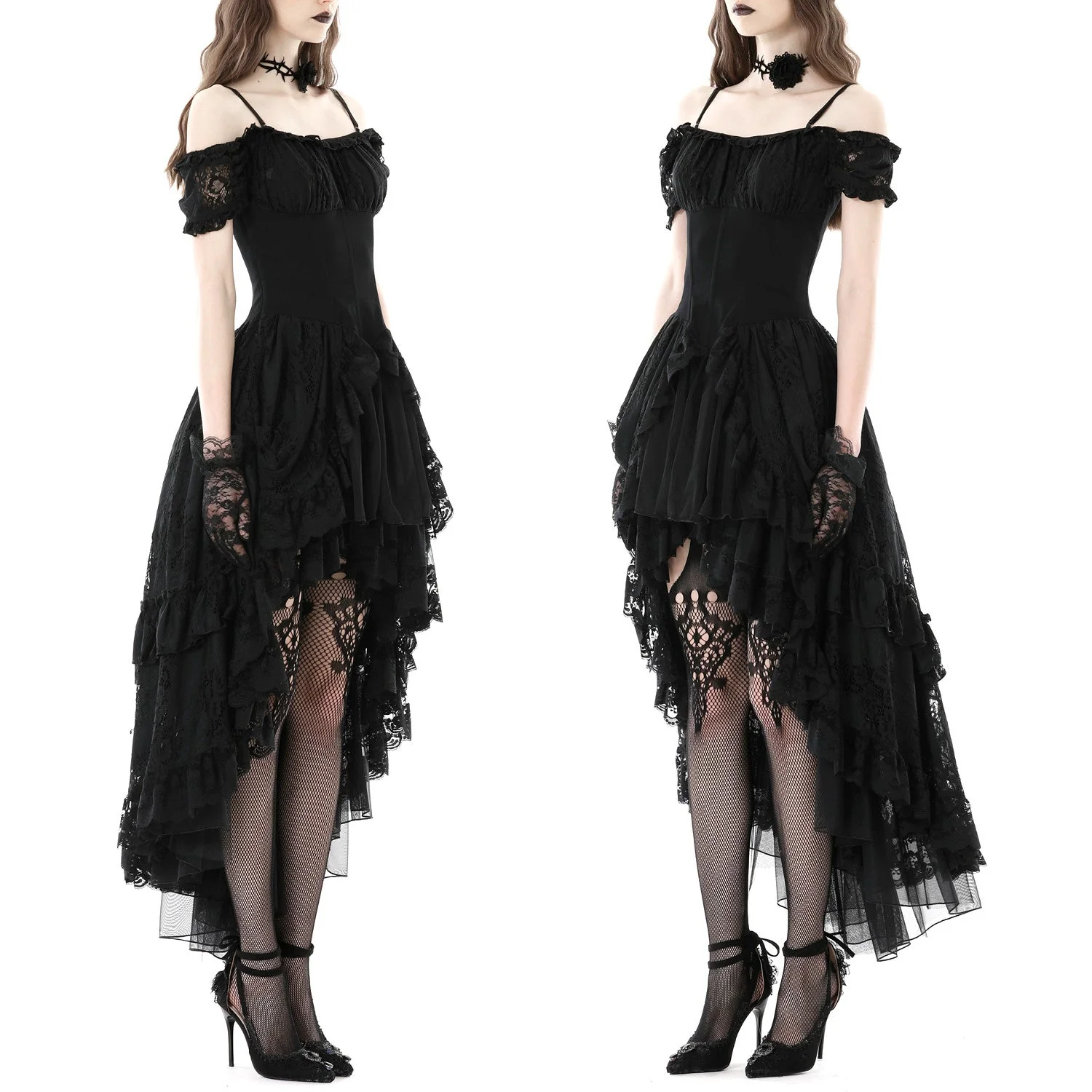 Vestido Asimétrico de Encaje con Lazada y Hombros Caídos - Image 3