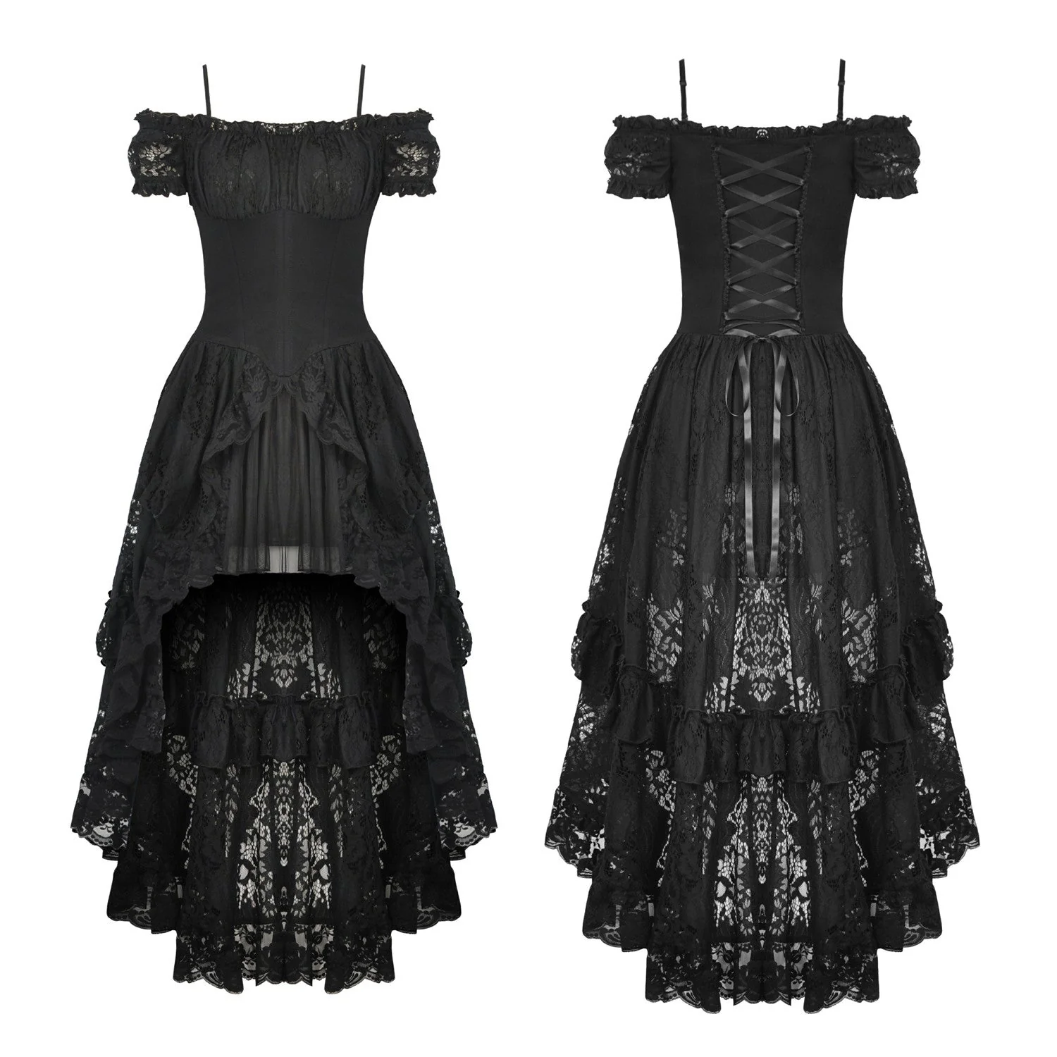 Vestido Asimétrico de Encaje con Lazada y Hombros Caídos - Image 4
