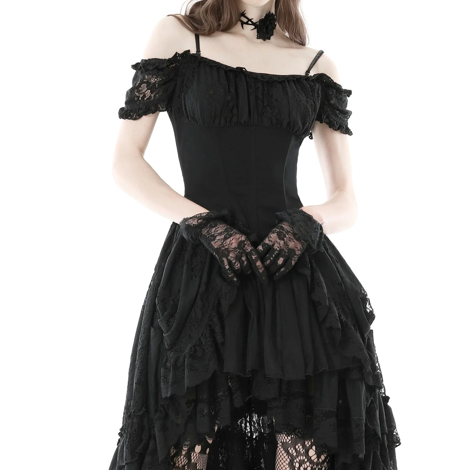 Vestido Asimétrico de Encaje con Lazada y Hombros Caídos - Image 5