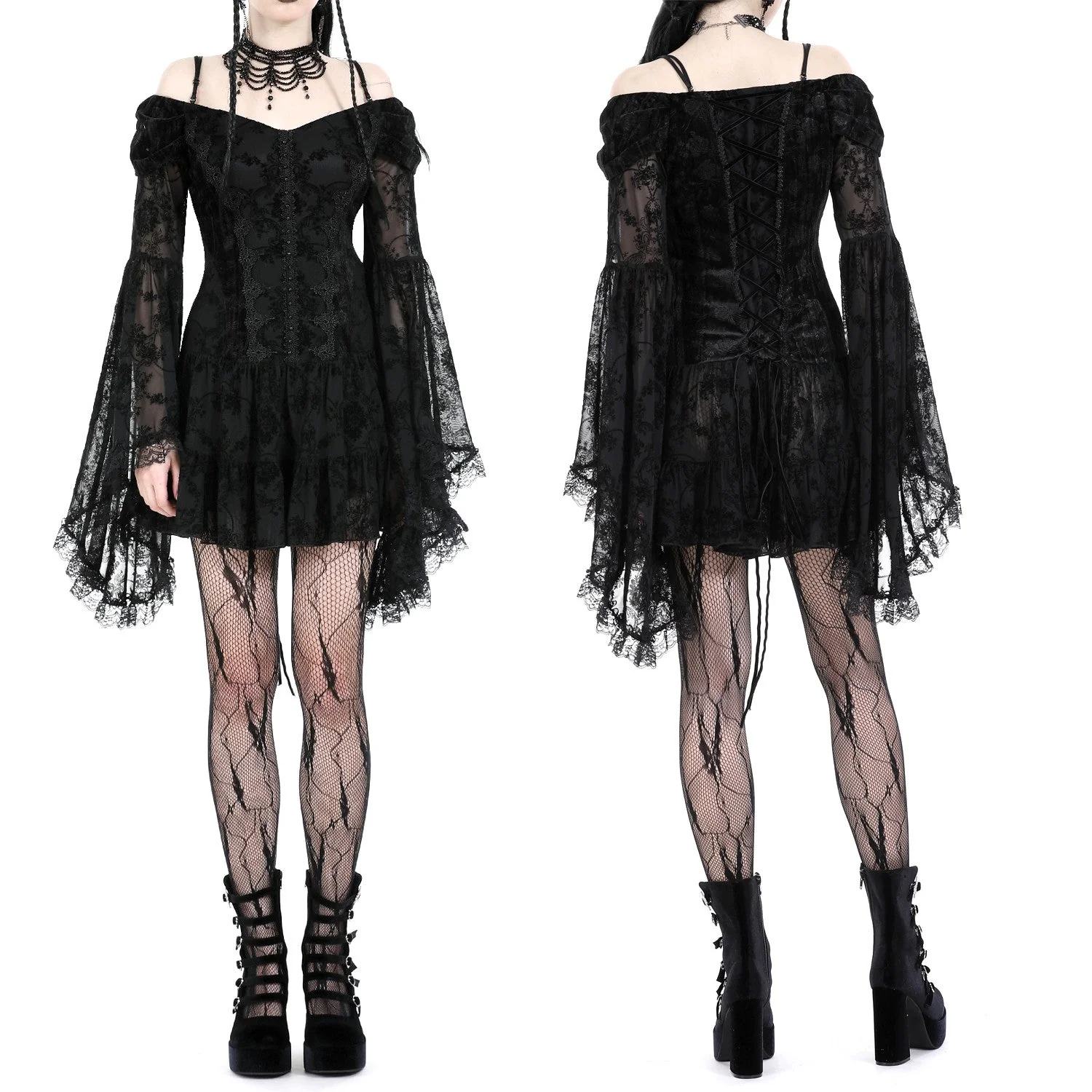 Vestido de Terciopelo y Encaje con Hombros Descubiertos - Image 2