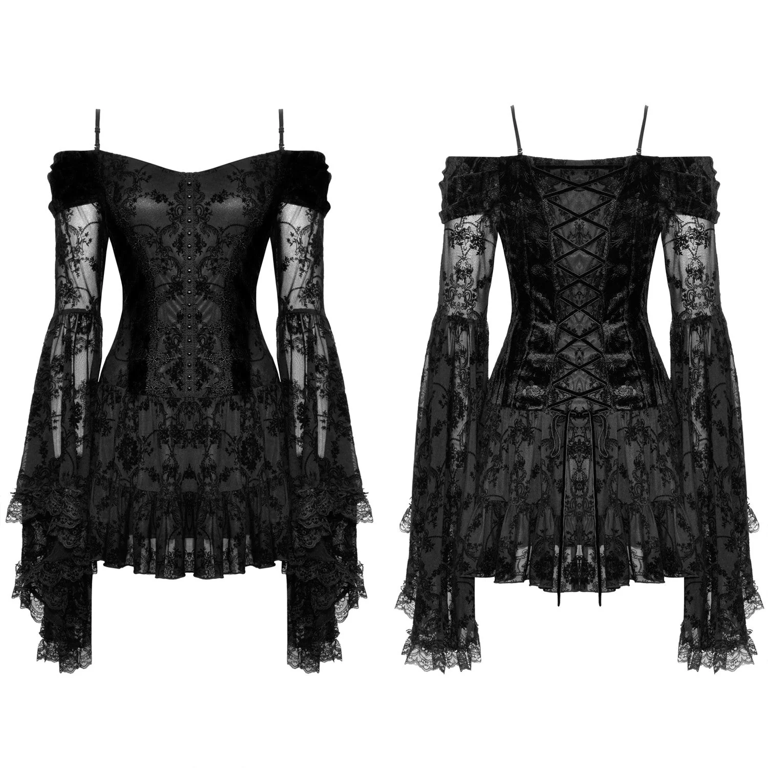 Vestido de Terciopelo y Encaje con Hombros Descubiertos - Image 3