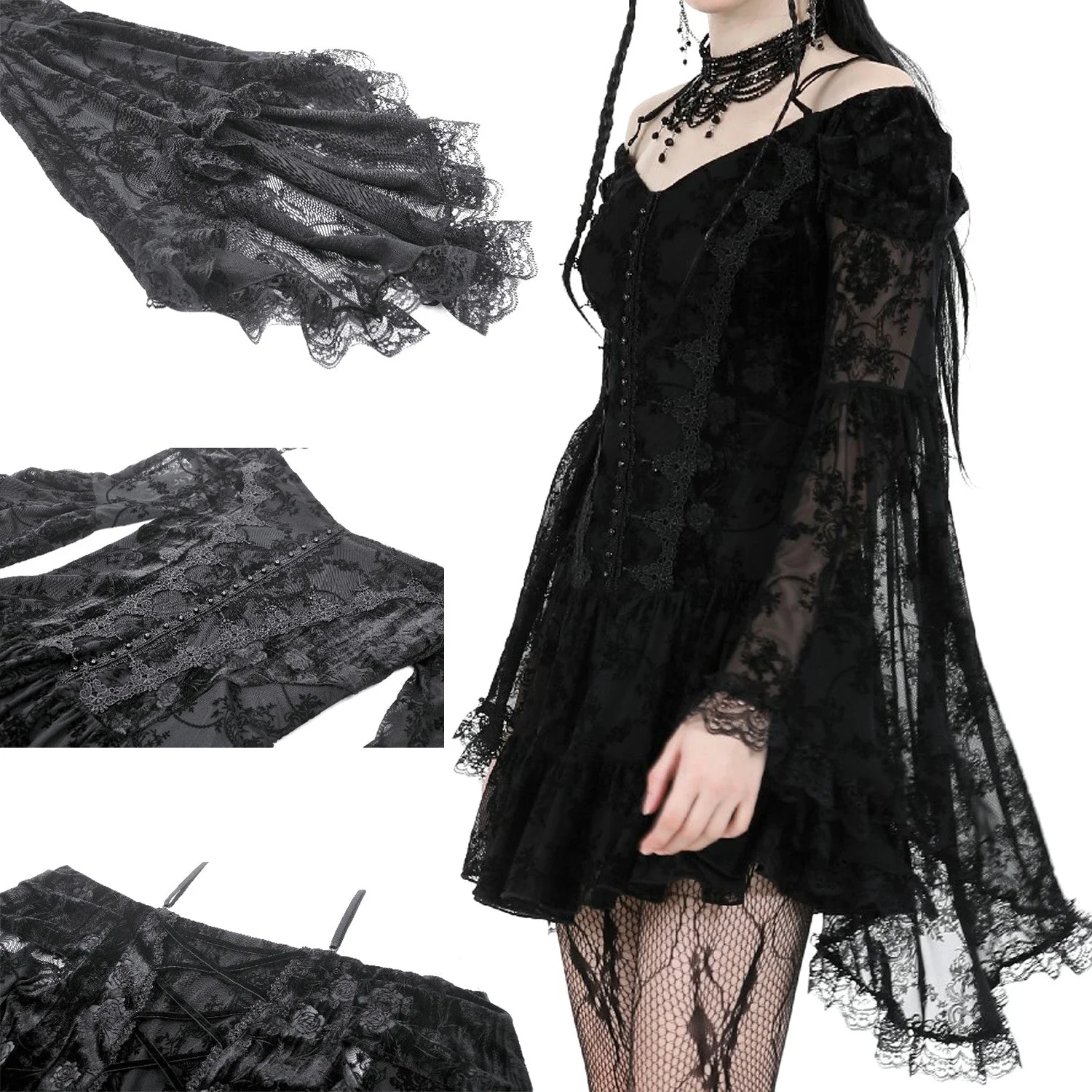 Vestido de Terciopelo y Encaje con Hombros Descubiertos - Image 4