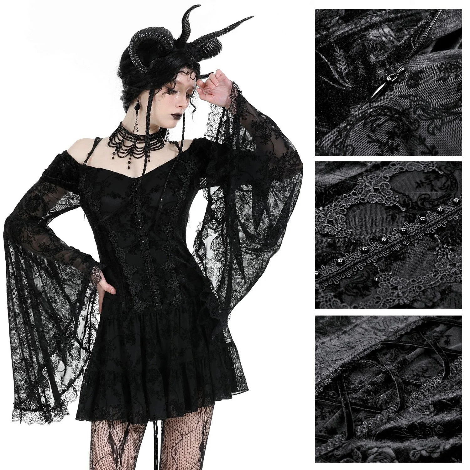 Vestido de Terciopelo y Encaje con Hombros Descubiertos - Image 5