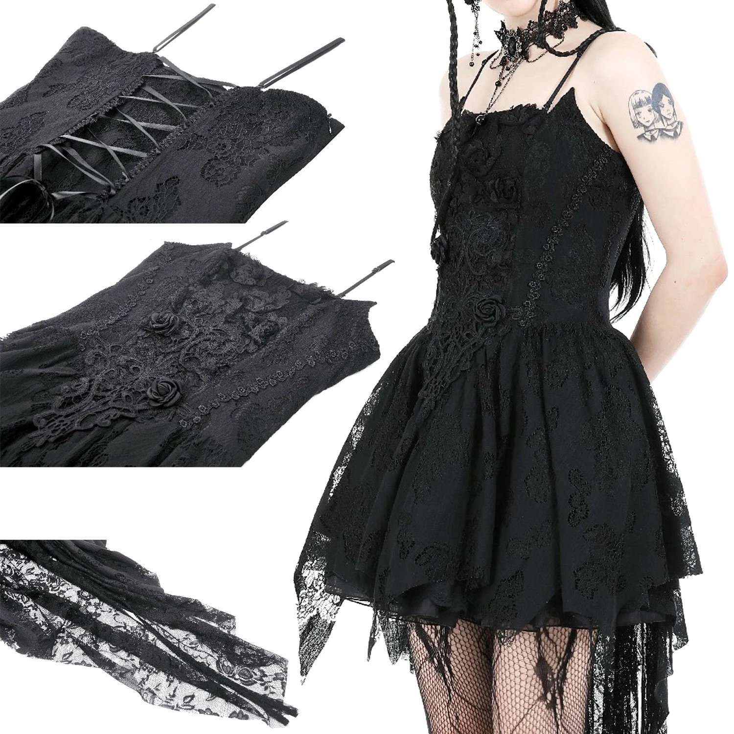 Vestido Asimétrico de Encaje con Rosas y Lazada - Image 4