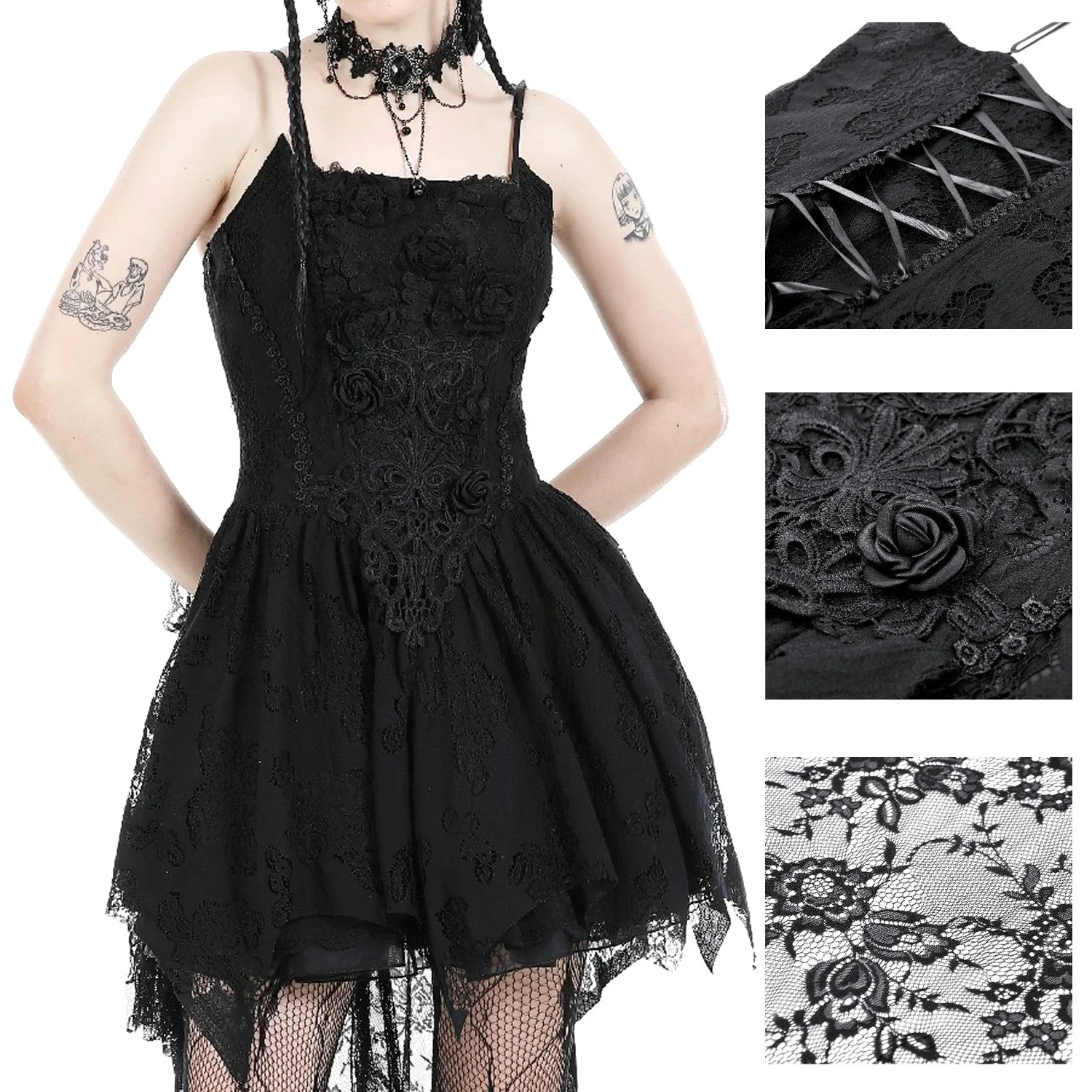 Vestido Asimétrico de Encaje con Rosas y Lazada - Image 5