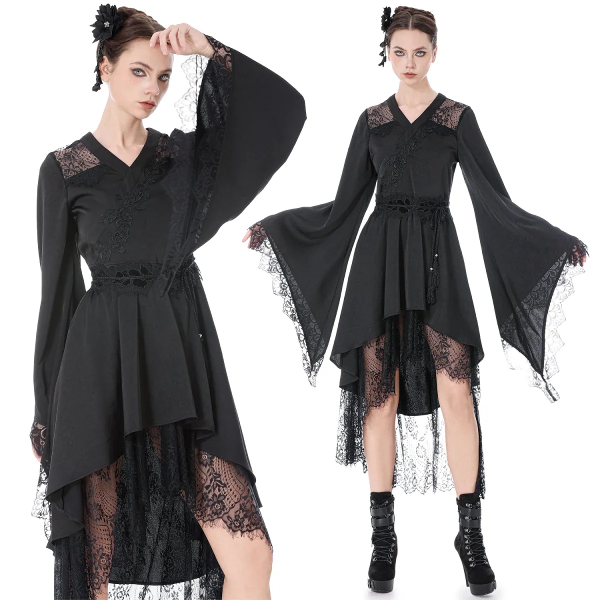 Vestido Kimono Asimétrico con Encaje y Flecos - Image 17