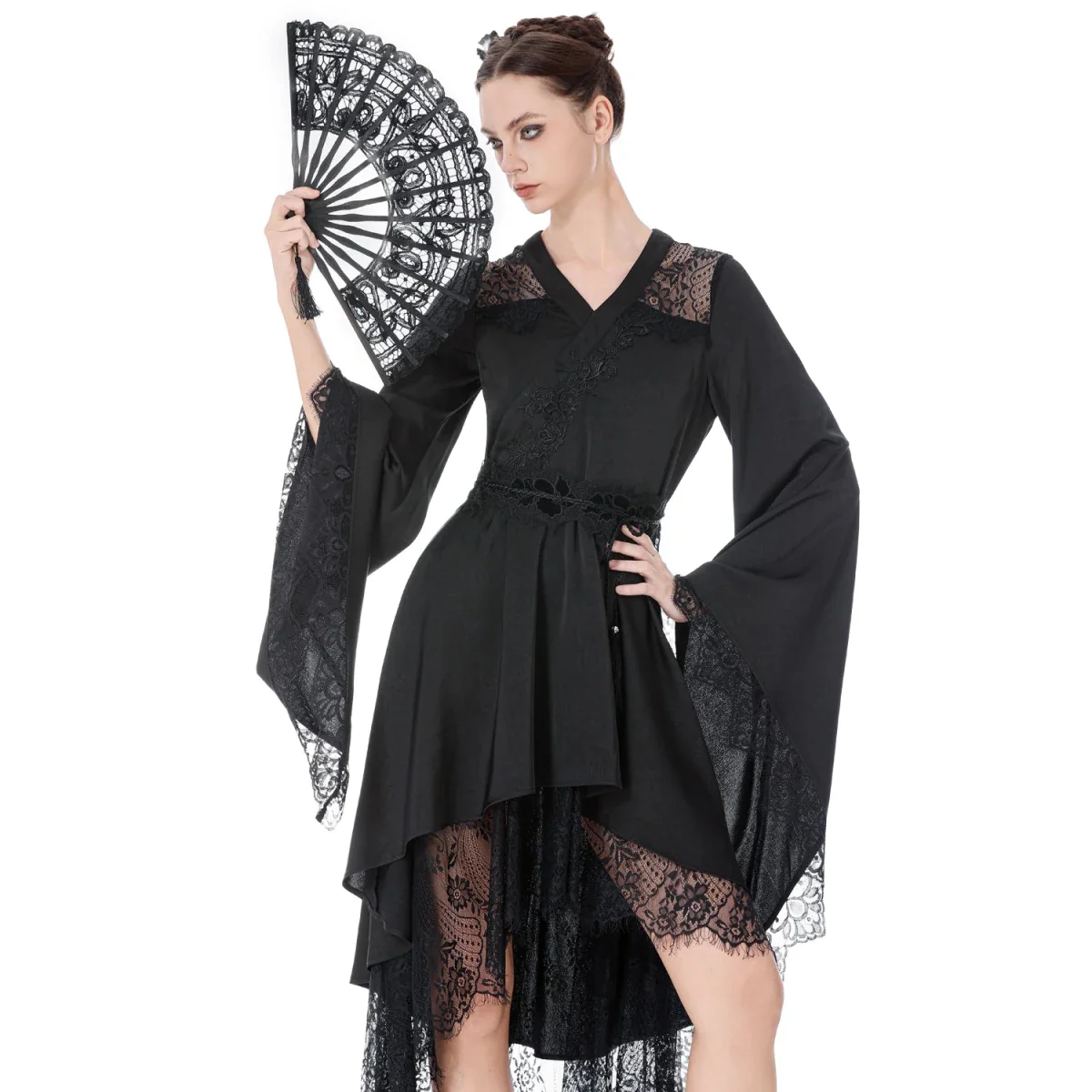 Vestido Kimono Asimétrico con Encaje y Flecos - Image 3