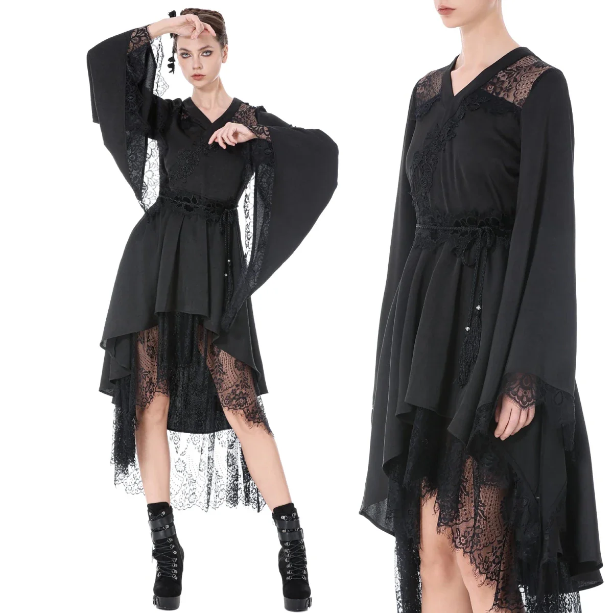 Vestido Kimono Asimétrico con Encaje y Flecos - Image 4