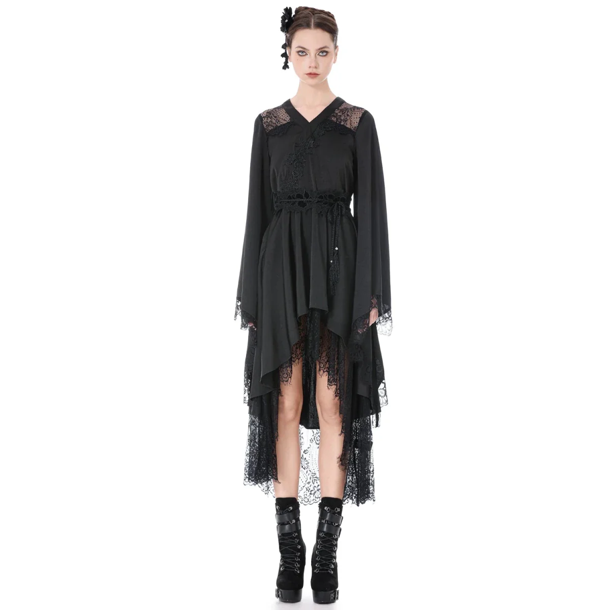 Vestido Kimono Asimétrico con Encaje y Flecos - Image 5