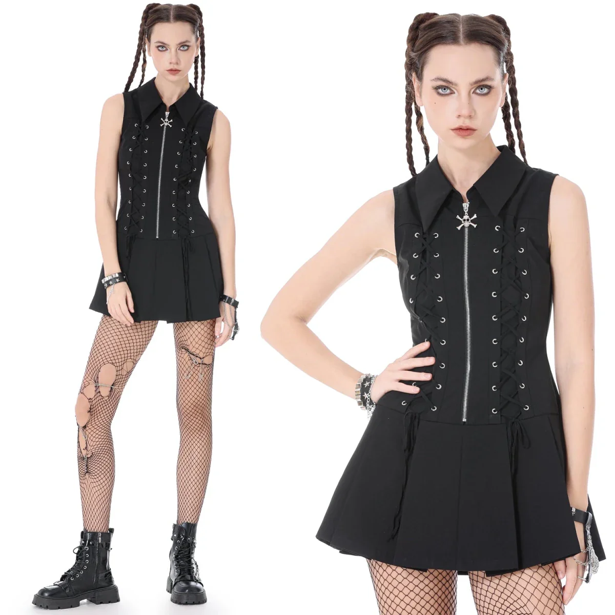 Vestido Punk Mini con Cremallera, Calavera y Cordones - Image 14