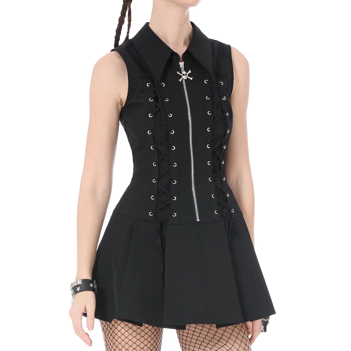 Vestido Punk Mini con Cremallera, Calavera y Cordones - Image 4
