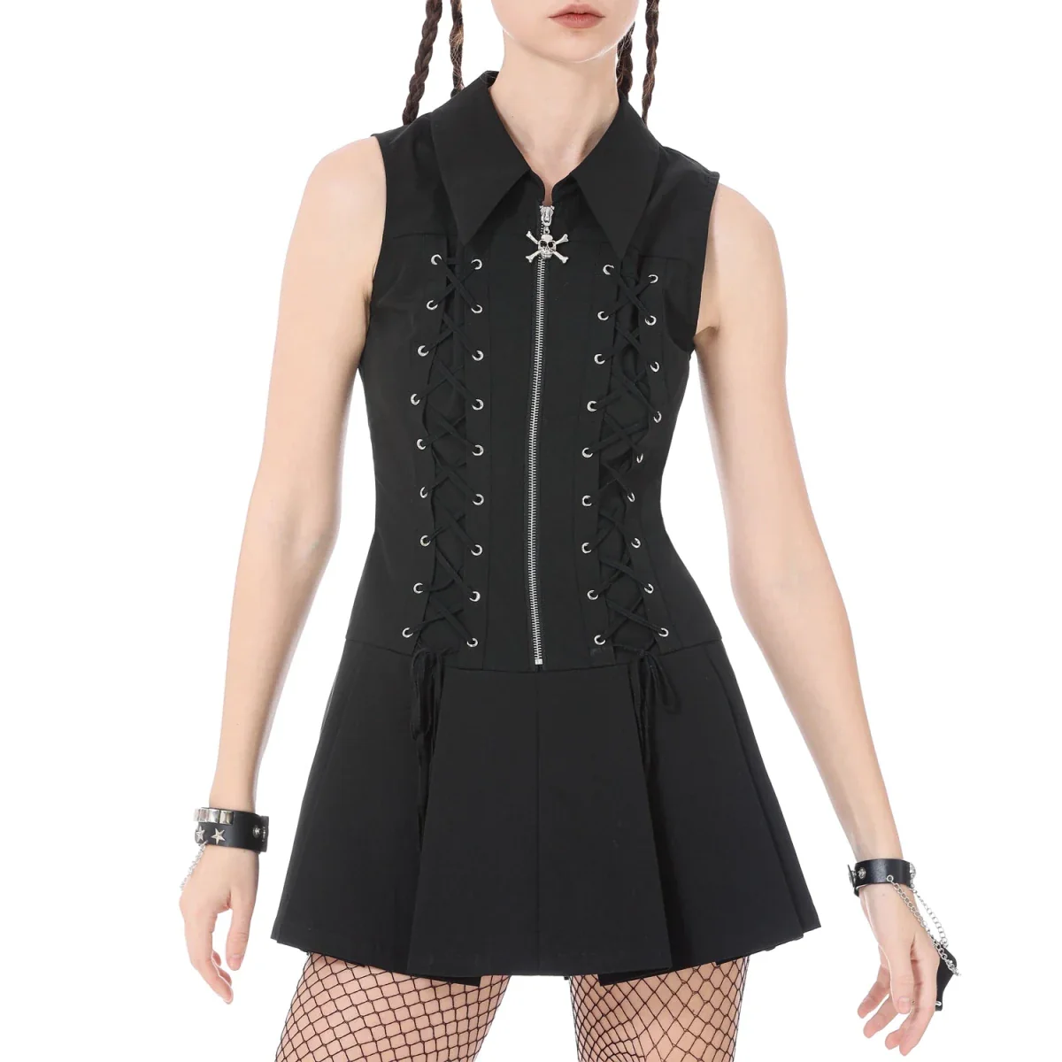 Vestido Punk Mini con Cremallera, Calavera y Cordones - Image 7
