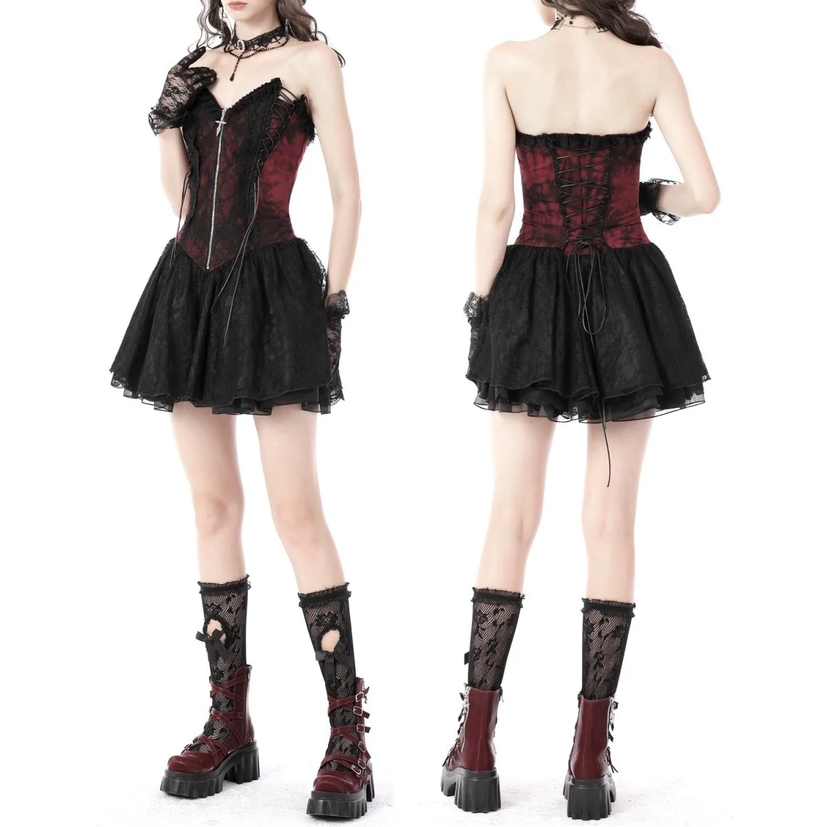 Vestido Rojo y Negro con Corsé de Encaje y Cruz - Image 2